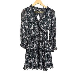 William B women's Black Floral Print Long Sleeve Ruffle Mini Dress‎ Size M